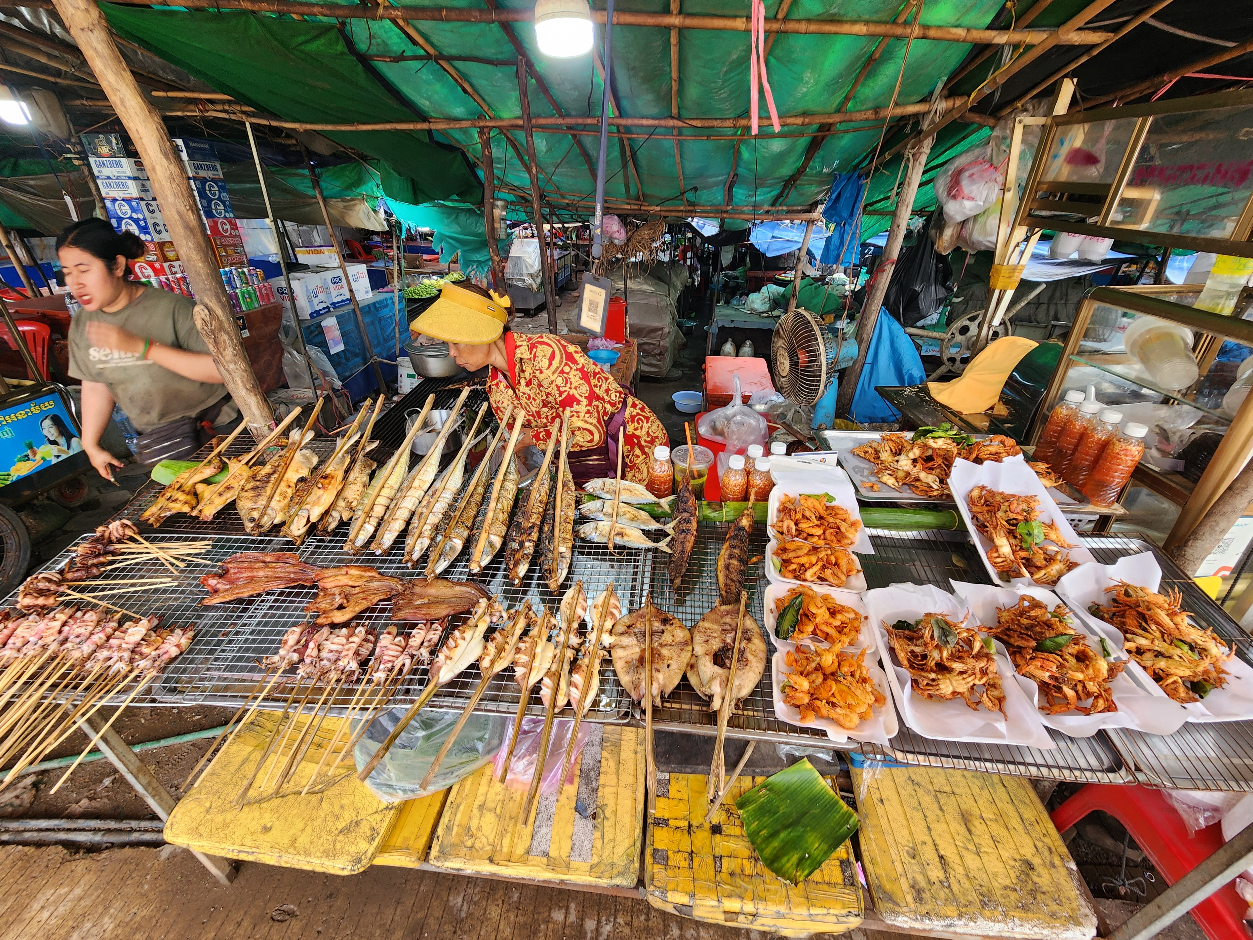 Market stalls with seafood and spices